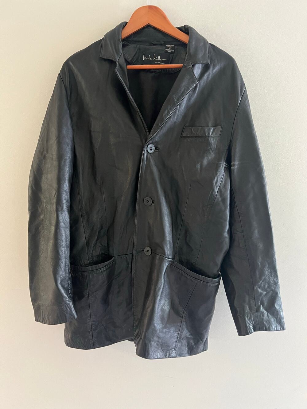 Nicole Miller Vintage Trench Black Leather Jacket 3 Button Size Medium JL